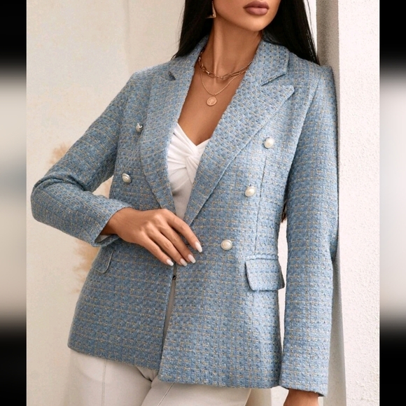 Plaid Print Double Breasted Blazer Workwear  - Picture 3 of 4